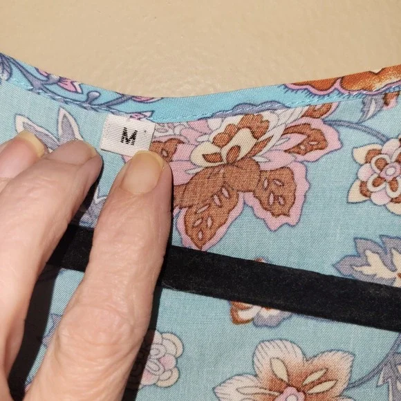 Boho Floral Mini Dress Womens M Blue Peasant Tassel Tie Tiered Babydoll Festival - Picture 6 of 9